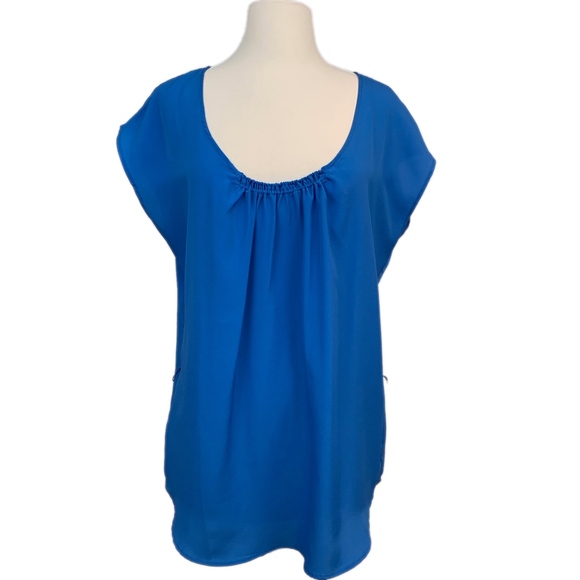 NY & COMPANY Tunic Top Blouse Belted Bohemian Flutter Cap Sleeves Blue Medium - Picture 3 of 8